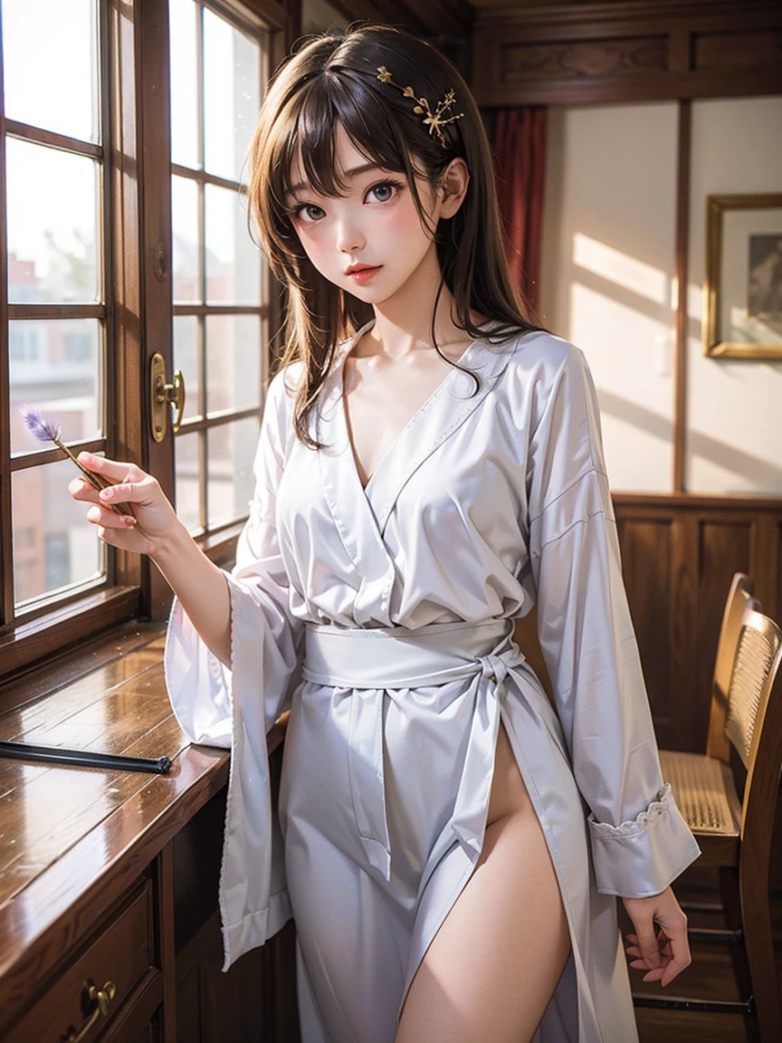 RAW, Best quality, high resolution, work: 1.3), Beautiful Malay teen in hijab , Stunning malay teen girl, 13-year-old, Highly detailed CG Unity 8k wallpaper, top quality, super detailed, masterpiece, realistic, photorealistic, highly detailed cute girl, 25 years old, library detailed,sweaty skin, blush, parted lips, round eyes, medium breasts, bun_head , ((erect, emerge, streak)), waist shot, ((tight thighs, thick thigh)), (ass countour can be seen ), fit curvy shape body, naughty face detailed, seductive, ((light blue floral pattern pajama shirt)), ((wearing beige pajama pants)), ((soft pink cardigans)), ((hijab)), fat abs