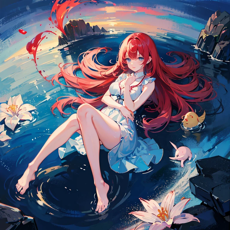 Girl underwater, long flowing red hair, Asas de Anjo, yellow and white orange lily flowers