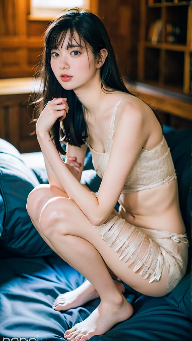 (((best quality))), (((ultra detailed))), (((masterpiece))), illustration,a beautiful girl,solo,slim,thin,messy hair,shoulder length straight bob hair,Dark Circles,Eyes bloodshot,(sad expression:1.3),flat chest,sitting on the bed,in a bedroom,halter lace nightgown, deep in thought, dimly lit room, soft glow of a digital clock, dark curtains, seclusion and introspection, disheveled hair, shadowed eyes, sleeplessness, delicate features, fragile beauty, pale skin, rouge on cheeks, heavy atmosphere, silence, soft hum of a refrigerator, woman's expression of deep contemplation, searching eyes, capturing the essence of struggle, vulnerability,(dark night scene:1.3),spread legs apart,arms behind back