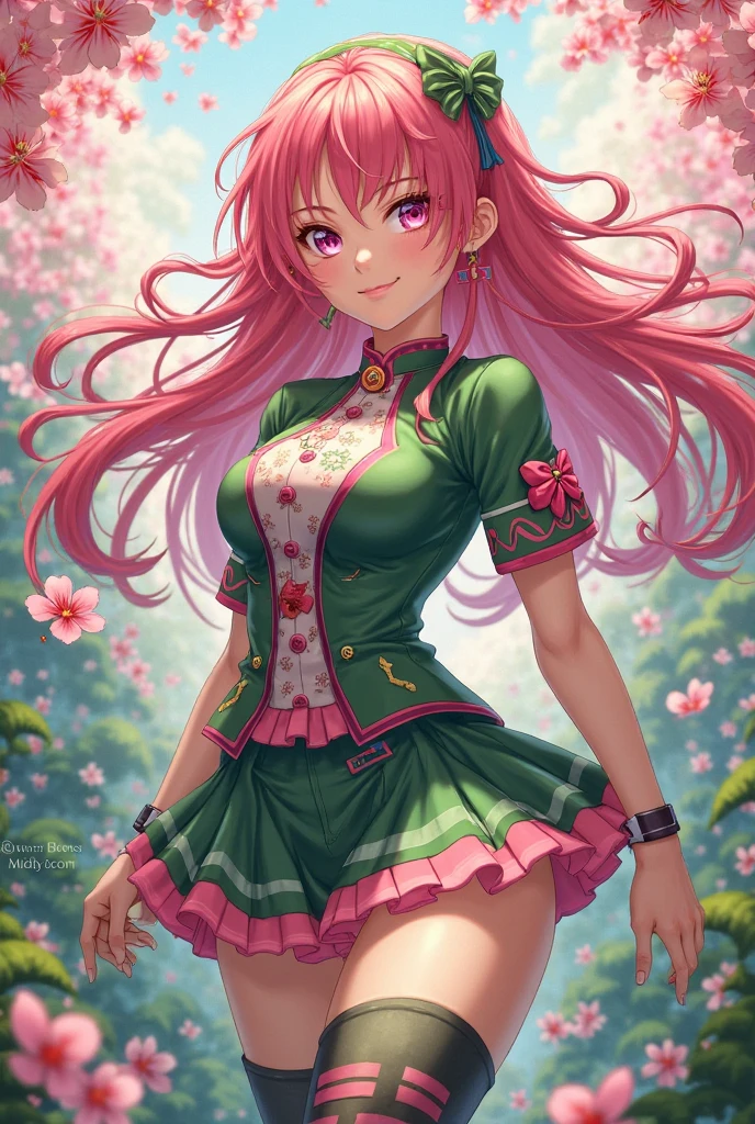 ((woman, (Huge boobs),Huge breasts:1.5,Very red lips and huge breasts,Big Ass,Narrow waist,Long legs,Green Eyes立っている)) 8k((((Anime Style),(The facial expression is good))))8k(((((Anime Style)Green Eyes)))) 8k((Standing at the station))8k((Waiting for a train at the station))8k((Morning))8k((Beauty))((Student blazer 15 years old  green tie, blazer, Pleated skirt))8k(((((spring,cherry blossoms,The wind is blowing,Her skirt is flipped up,cherry blossomsが散っている:1.3)))))