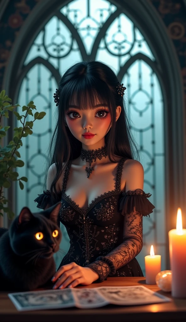 Create a hyper-realistic photo of a young, beautiful woman, She has a normal face but has cat ears. His hair is black. has cat ears. Her face is round, thesis morena clara, It is plated with a faint reddish blush. His eyes are like those of a cat. **this stop.** she is parada viendo de frente y esta sola. **In the background:** She's in a large dining room of a medieval castle. **bust:** Her bust is large, with big breasts, ((huge breasts: 1.5)), giant voluptuous bust, small waist. **naked:** she is ((naked)), he is not wearing clothes. 