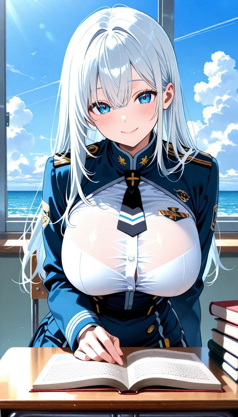 1girl, large breasts, thick thighs, blue jacket, blue eyes, white hair, horizontal stripes, striped bikini, smile, happy, light smile, long hair, open jacket, bikini, 2d, anime style, anime screencap, epaulettes, (blue stripes), hourglass figure,