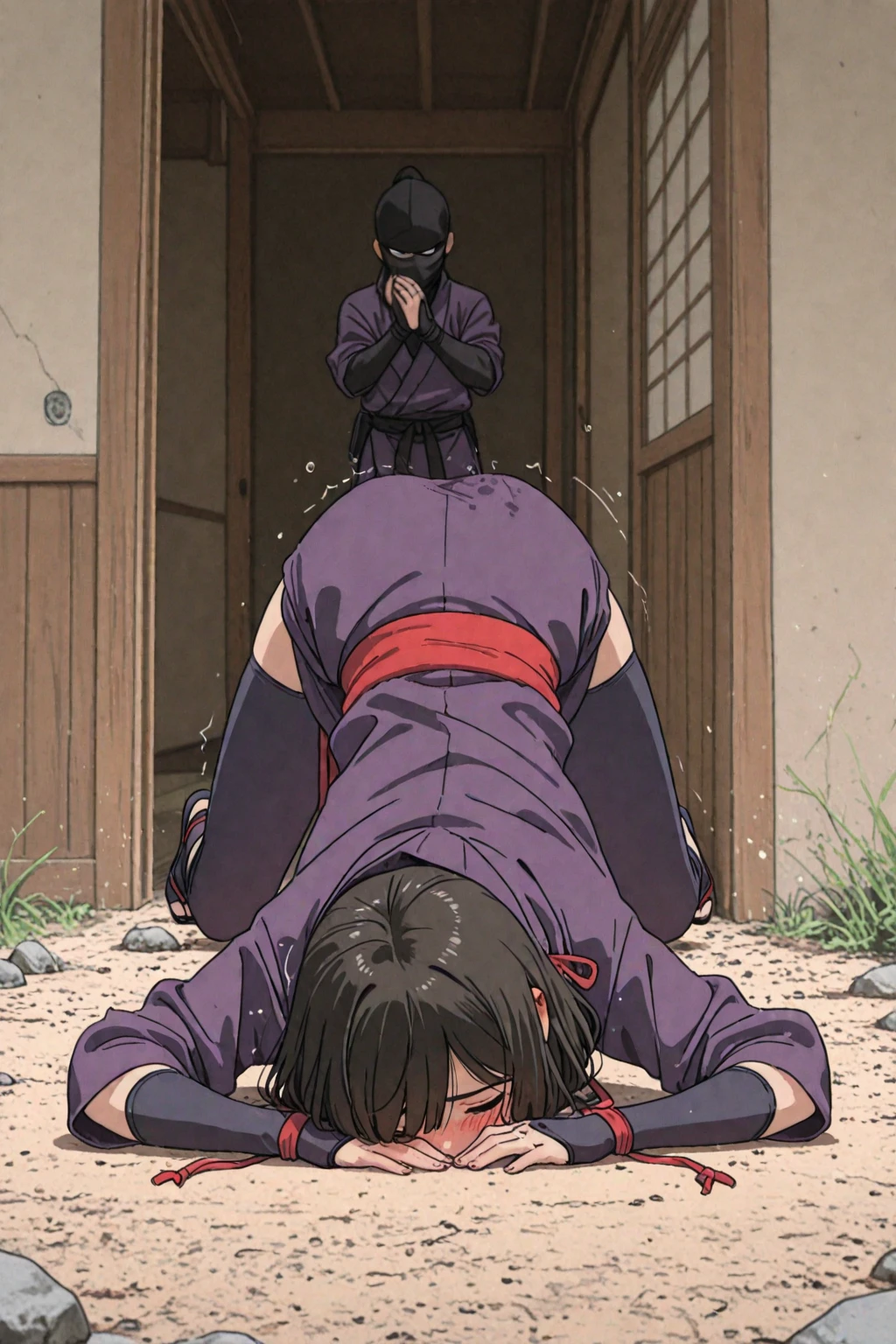 matingpress, 1boy, lying on back, vaginal,mating press, kanao tsuyuri (demon slayer), purple eyes, black hair, butterfly hair ornament, ponytail, demon slayer corps uniform,