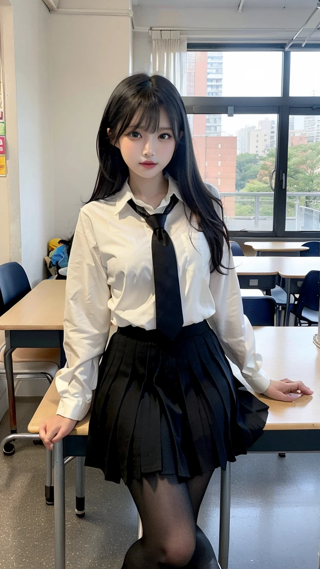 classroom、Black Hair、Long Hair、high school girl、uniform、Sit at a desk、Lift up the skirt、black tights、