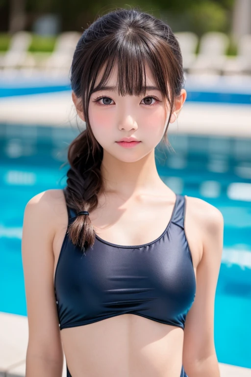 ((Upper body nude)）((Upper body nude)）one girl, (a beauty girl, delicate girl:1.3), (12 years old:1.3), break, (Navy school swimsuit:1.3), break, Very detailedな明瞭さ, (Symmetrical eyes:1.3), break, (School swimming pool, Outdoor:1.3), break, Small breasts、 Brown eyes, Twin tails、 Brown Hair, girl, break, (Eye and facial details:1.0), break, (masterpiece, Highest quality, Very detailed, Detailed face, 8k)