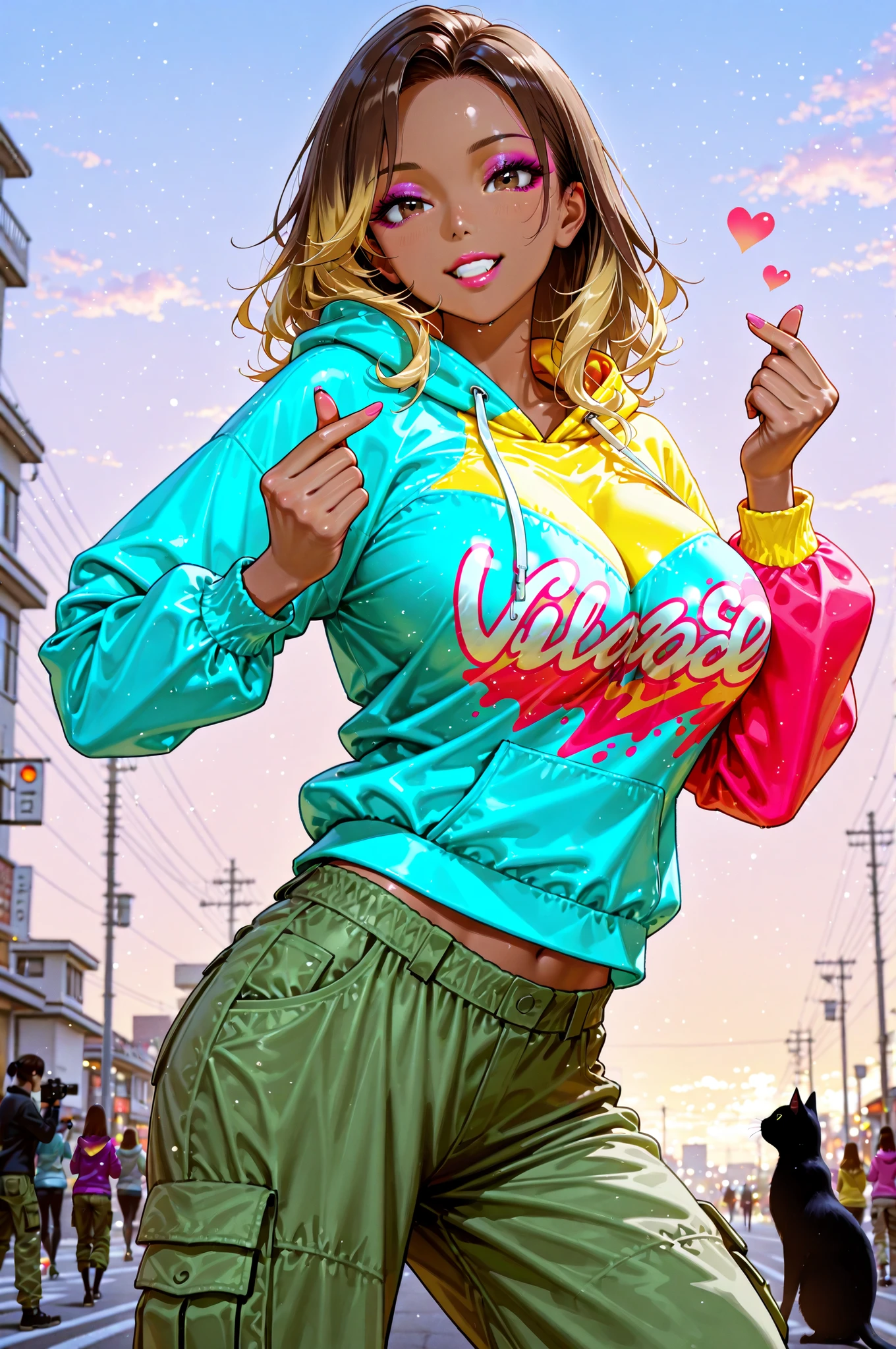 1j female,(((Colorful Hoodies, Cargo Pants))), street dance,finger heart:1.2, Momentum Move ,Expressive,realistic texture, silhouette of the cat ,Light and Contrast,Urban Background,Twilight Sky,4K High Resolution,Photographer style,Realistic Taste,High Density Textures,Primitive Tones,Vivid Colors, yuri okada,Brown skin, dark brown hair, blonde inner color, Big Breasts, Gal, makeup, eyeshadow,