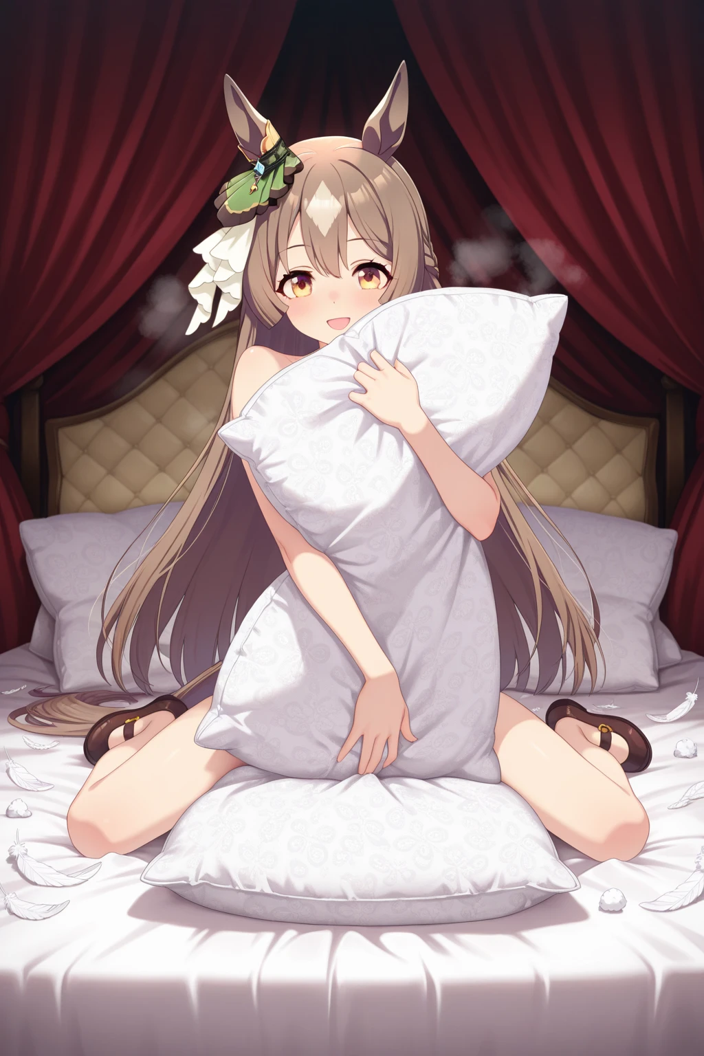 master piece, best quality, ultra-detailed, lie on bed, feet apart, enraptured expression, admiring, 1girl, maid costume, brown pigtails, brown eyes, showing panties