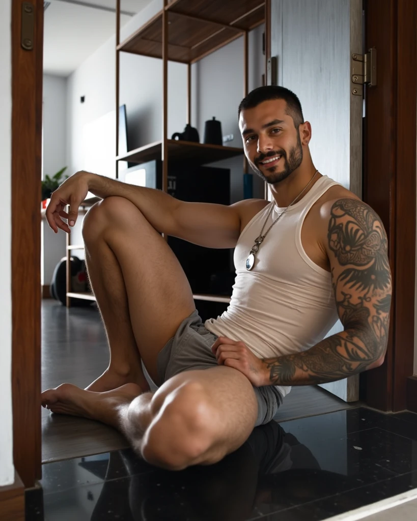 Hot,musculous,(((very thigh micro string Thong))),legs are open,show off big bulge.,Tattooed with_Both sides, Tattooed with_Show on the_his_the face , handsome , hunk , (unreal engine) , (octane render , ultra-realistic , best quality , highly detail painting , super detail , dynamic angle , super-resolution , maxiumum clarity and sharpness , hdr) ,(((photorealistic))) , ((real men)) , nsfw , ((ultra realistic)) , (hyper realistic)