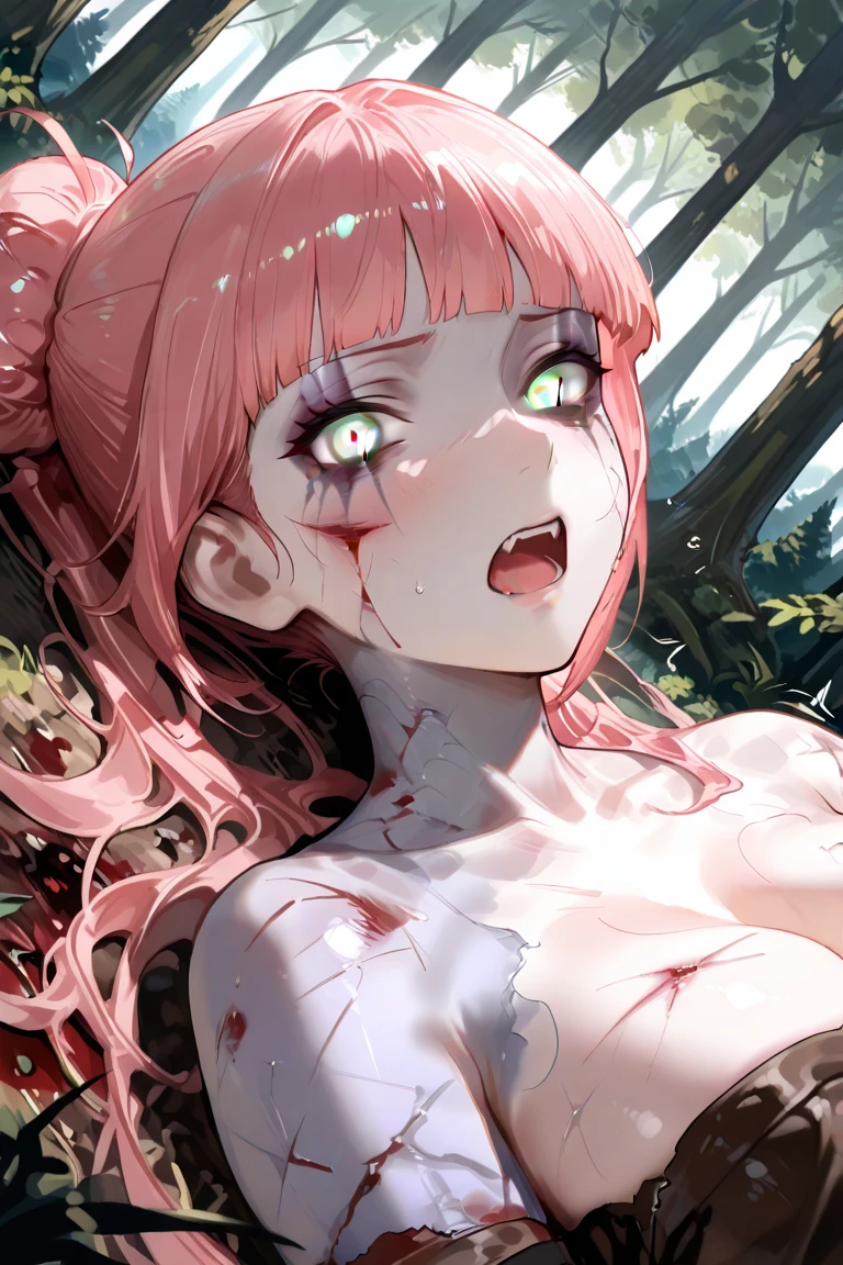 masterpiece, Highest quality, Highest quality, High resolution, concentrated、You can see the top and bottom of your underwear(Pink underwear)、Open chest、The crotch is open、A girl being pushed down by a goblin and having her breasts grabbed
