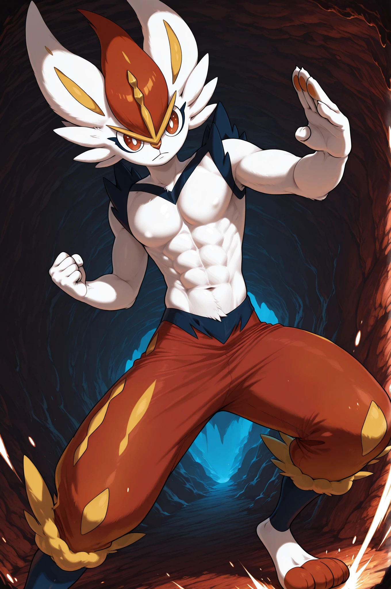 Cinderace from pokemon, anthro rabbit,red fur,white fur,abs, skinny muscle,furry, anthro, pokemon,sfw
