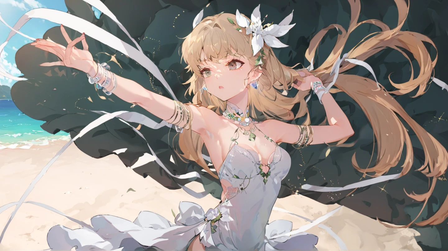 high detail, symmetrical, masterpiece, best quality, mobius (honkai impact), honkai (series), honkai impact 3rd, 1girl, solo, green hair, long hair, looking at viewer, small breasts, same eye colour, wedding dress, outdoors, bridal veil, long dress, white dress, hoop skirt, clover