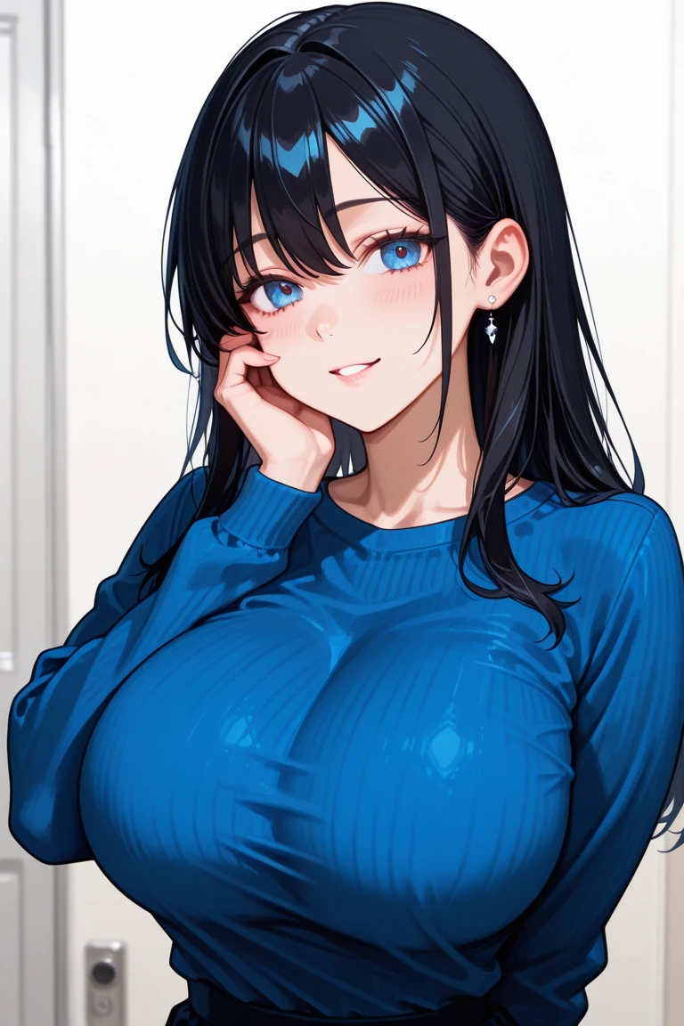Black-haired, blue-eyed, large-breasted woman