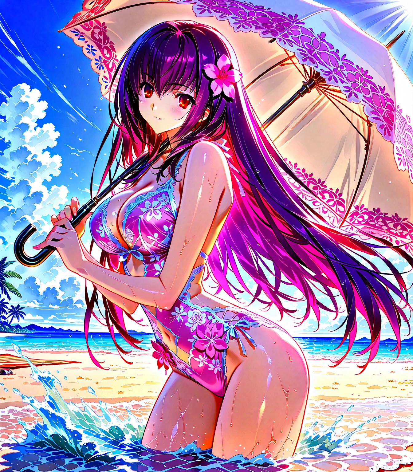 masterpiece, best quality, high quality, extremely detailed, very delicate and beautiful, (18-year-old 1female, solo: 1.5), (long black hair, two-side up, down to the waist: 1.5), bangs down to the eyebrows, eyes with a sharp, strong, glossy, slanted gaze, glossy eyebrows, (magenta eye color: 1.3), 6.5 heads and bodies, (hibiscus print bikini swimsuit: 1.3), (standing and playing in the ocean), (smile), (dynamic pose), (tropical ocean in the background: 1.3), (Milky Way Night Sky: 1.3)