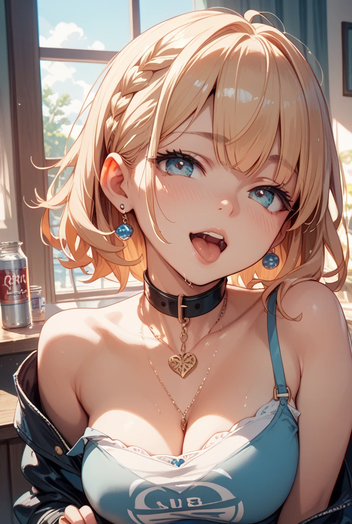 masterpiece, best quality, ultra-detailed, glistening shiny, glowing light, ray tracing, HDR, (perfect face, detailed face, detailed eyes), 8k,HD,ultra realistic face, ray tracing, perfect lighting, best quality, ultra-detailed, High resolution, 1girl, Full body, Description Girls, detail hands, Detail fingers, Detail Face, cute face, detail legs, overdetailed art, Fine details, blonde hair, side tail, pigtail, milf, 1woman, huge breast, huge ass, evil grin, oily skin, pose provocatively, white bikini halter top, (denim pants), blue denim, (erect nipple), ((market)), evening, (heart choker), (pink choker)