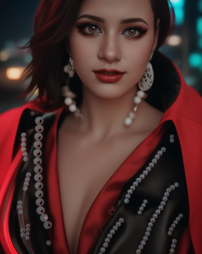 1girl, long sleeve red dress,cleavage, underboob, full breasts, jagged rock, dormant volcano, (masterpiece, best quality, extremely detailed, hyperrealistic, photorealistic), russian model, detailed face, high ponytail, black hair, black fur coat, t-shirt, warm hue, warm tone, visible steam, smile, (20yo, cute:1.3), (breasts:1.2),