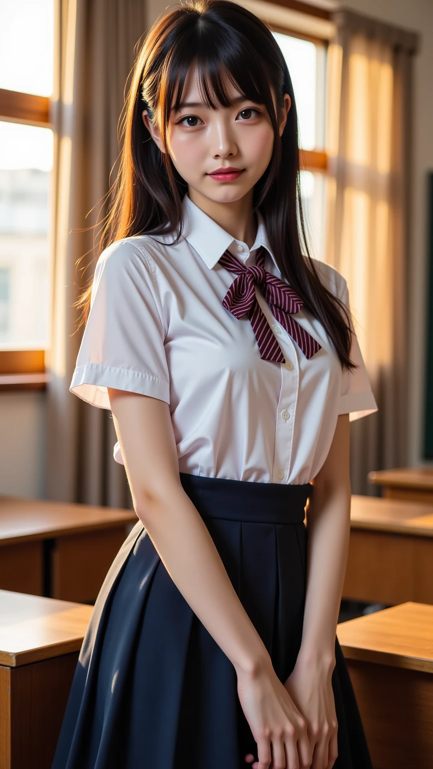 a closeup, ​masterpiece, top-quality, FULL ANATOMY、Raw foto, Photorealsitic, faces, unbelievable Ridiculous, beautiful a girl, cute little, shorth hair、depth of fields, hight resolution, ultra-detailliert, finely detail, ighly detailed, extremely detailed eye and face, Realistic pupils, foco nítido, Cinematic lighting、flat breast、tiny chest、small tits、(Petite bust:1.2)、Petite bust、 (Slimed、small tit、flat boobs、small tit)、 a 20 yo woman、Sexual facial expressions、sexy  pose、 Wet body、Blushing、Sweating、Very embarrassed look、yawns、The face is bright red、Schoolgirl Uniform、Panties are visible from the skirt、Very detailed 8k wallpaper、Sheer white shirt、Navy blue ribbon at the collar、Dark blue pleated micro mini、Show me your whole body、Plump panties、White Sox、((Lift the hem of the skirt、Lift the hem of the skirt with both hands、Lift the hem of the skirt yourself,、Show the camera a little bit of white silk panties))、is standing、‎Classroom、depth of fields、Bokeh in the background、Hairstyle with bangs