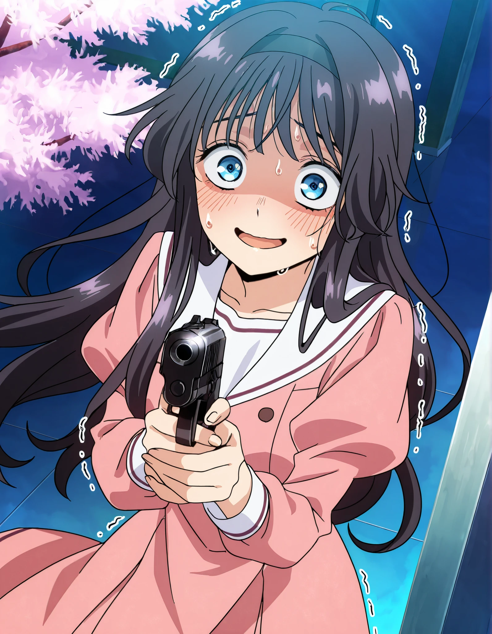 masterpiece, best quality, (best illustration), ultra-High resolution, score_9, score_8_up, score_7_up, BREAK source_anime, perfect eyes, (detailed face and eyes), general, highres, ultra-detailed, very aesthetic, best hands, Erotic_style, anime_coloring, anime_screencap, 1girl, solo, kaoruko, black hair, long hair, blue eyes, black hairband, school uniform, pink dress, white sailor collar, serafuku, puffy sleeves black, face focus, blush, sweat, sweaty, wet, wet clothes, shiny skin, sweat soaked, nervous sweating, open mouth, embarrassed, smile, scared, wide-eyed, trembling, shaded face, novel illustration, dynamic angle, cherry blossom tree, handgun, holding gun, gun,