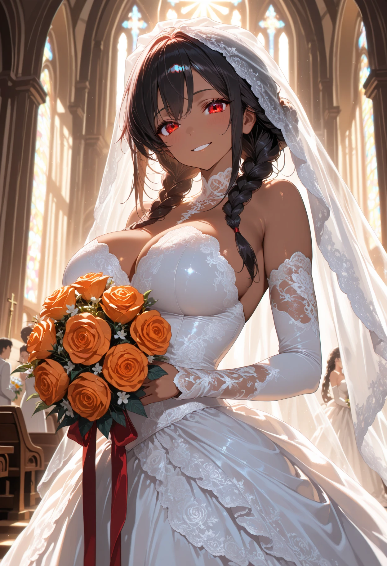(from above:1.2),(from side:0.9), ((Face)), (Close-Up:0.4), ((looking at viewer, holding a bouquet to his mouth)), highest quality、(real、photorealistic:1.4)、(RAW photo:1.2)、very detailed CG unity 8k wallpaper, delicate and beautiful, wonderful, Fine detail, official art, disorganized, very disorganized, huge file size, Ultra-detailed, very detailed, very detailed girl, very detailedなeyes and face, Bright on the face、(teenage girl:1.7)、small smile, ,smiling, miorine rembran, ahoge, (white hair:1.25), hair between eyes, hair bun, (long hair:1.25), tiara,,ruanyi0261,off-shoulder dress,pearl \(gemstone\),tiara,veil,wedding dress, wedding necklace, wedding long gloves, (luxurious bouquet), chapel, Stained glass,(best quality, highres, masterpiece:1.2), ultra-detailed, (realistic:1.37) illustration, erotic style, soft lighting, sweat glistening on her body, gentle warmth, dark and mysterious, small breast,narrow waist,(with sparkling eyes and a contagious smile),her thin pubic hair, looking at viewer,