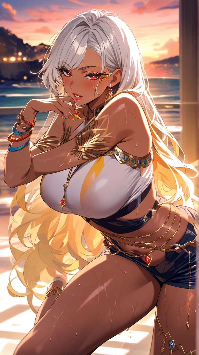 solo, indian bimbo, (shiny metallic bikini gold bikini), white hair, dark skinned, sheer skirt, thick lips, shiny skin, night, ruined cyber palace