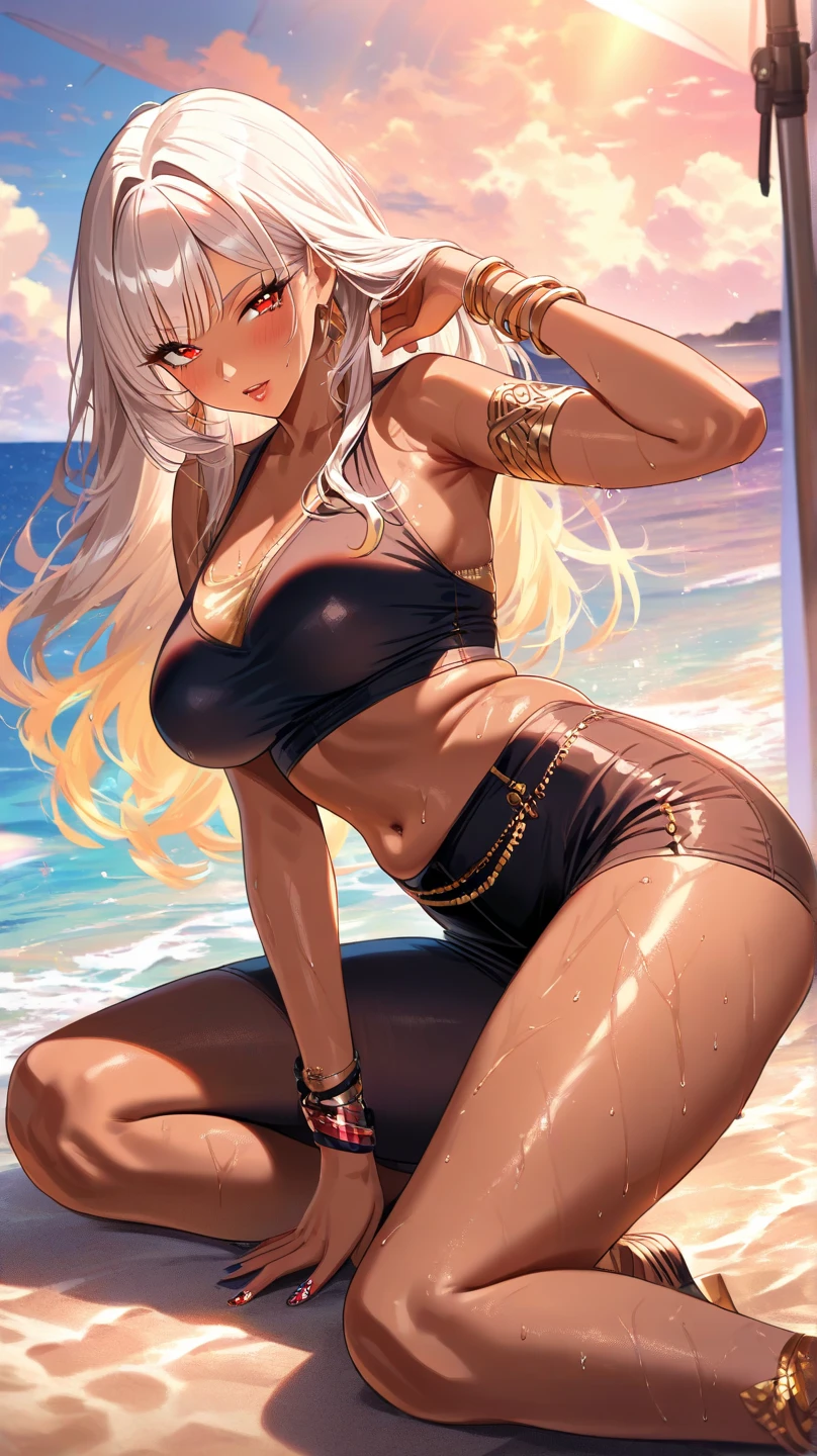 altamente detalhado, Barbarian girl with huge body and intricate tattoes with intricate background, Pintura realista, por Charles Gregory e Antonio Jacobsen e Edward Moran, (tiro longo), light blue sky, detalhes intrincados, micro bikini, erotic posing, rosto serio