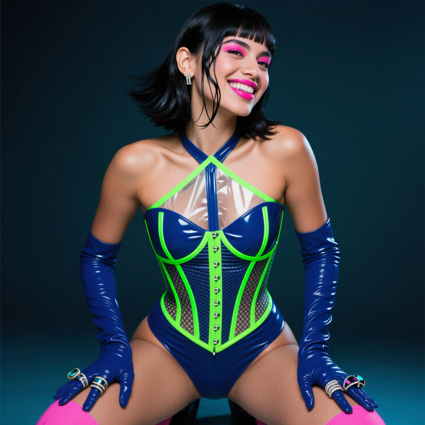 (full body shot, ultra-detailed, best quality, photorealistic:1.37, 4k, realistic, portrait, photography, jiggling Betty Page in Pulp Fiction, fetish, domina, mistress, dressed in purple and gold, afro hair, iconic pose, detailed facial features, vibrant colours, 35mm)