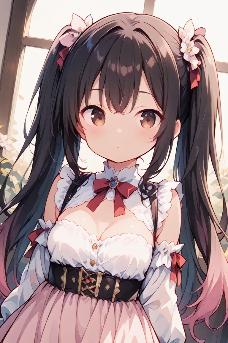 (small short figure girl, cute girl like a little sister aura:1.3), (leaning to viewer for a kiss:1.5), (detached sleeve, Married, Japanese bride, Wedding, wedding hakama skirt, yamato nadeshiko, 1girl, solo, outdoor, cute japanese model girl, very long hair, floral print, wedding hair ornament, wedding kimono, hakama, bangs, red rubby eyes, masterpiece, best quality, HD Pictures, 4K:1.2), gentle look, gentle smile, gentle eyes, mature looking, pinkish cheeks, very detailed eyes, very detailed pupils, very detailed hair, furisode, flower head accessories, from front pov, detailed face, full body, look up to viewer, close up to forehead, leaning forward to viewer, detailed long black hair, (deep cleavage, blushing red cheeks:1.4)
