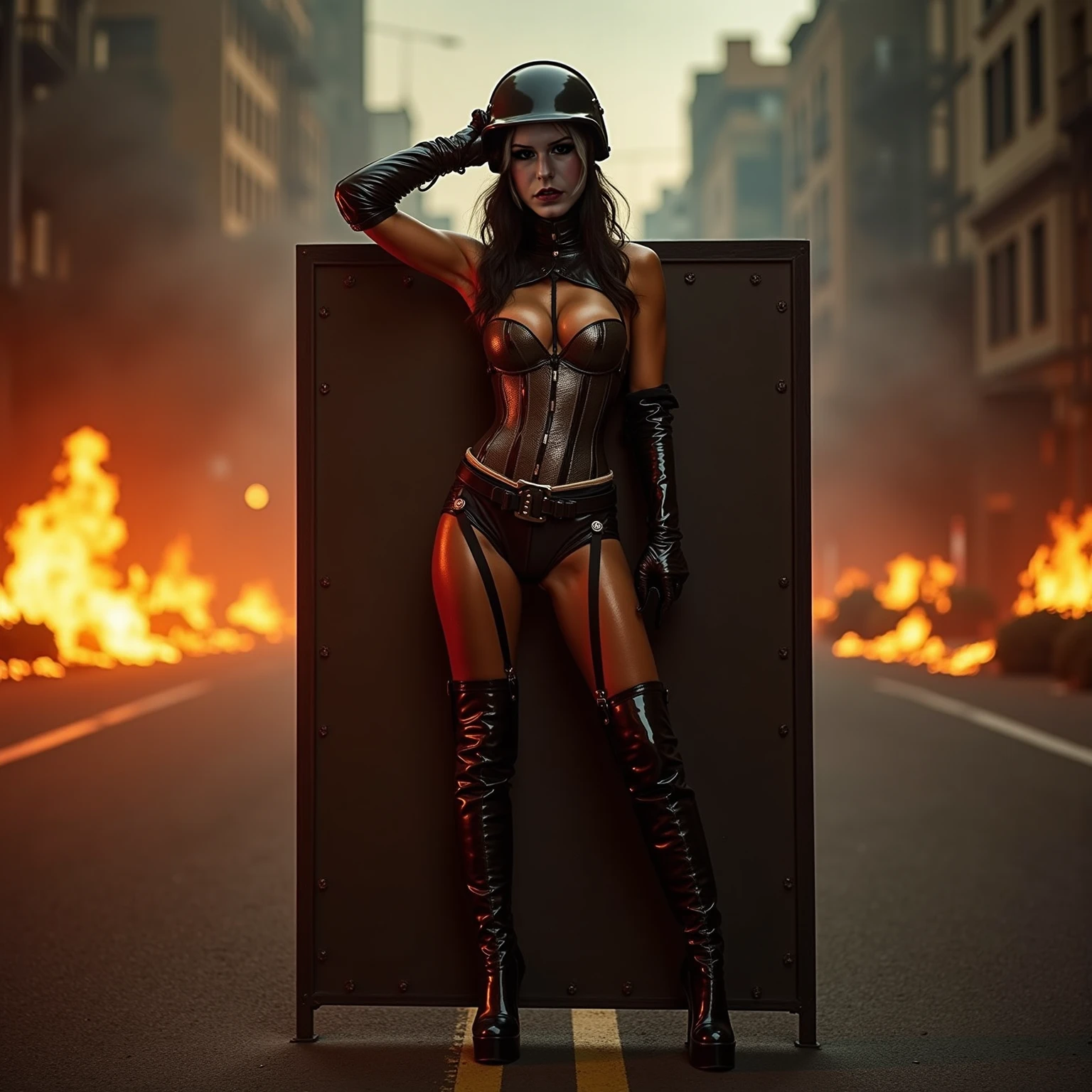 A sexy Fire Fighter, . walking through a building on fire, rotten and burnt, (traje de bombero, traje de bombero:1.4) showing off a sexy and tough firefighter outfit. Every space and build in the landscape is meticulously rendered, from the most desolate and terrifying fire, creating a visually stunning and immersive situation. The overall effect is a terrifying mix of fantasy, fire and adrenaline, hellpunk anime. close-up, fine quality eyes, ultra detailed, Beautiful and aesthetically pleasing, masterpiece, Best quality score, Extremely detailed , dynamic angle, raytraced, middle body, close up, high view, fire particles and hard lights, angulo picado.,worldoffire,metal steel building, looking at camera