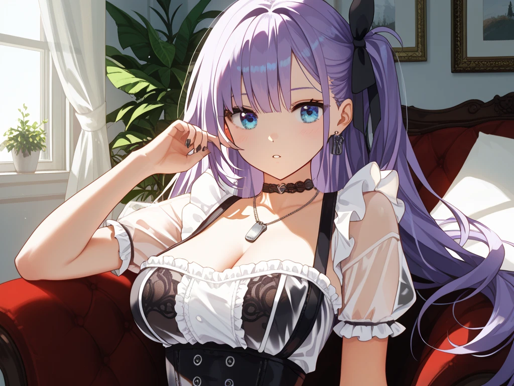 ((1 Girl)), Black and white maid outfit, Purple ribbon, Neon Color Fashion, maid Cafe, ((Angle from below)) ,((Very detailed,Highest quality, High resolution, 8k wallpaper, Beautiful clothes,)),((Light purple hair, Shortcuts,Braided hair,)) , (Purple eyes), (teeth), Grinning face, eye shadow, eyeliner,Glowing Eyes, Very detailedな目, Clear Eyes, Beautiful Eyes, 18-year-old girl.,Upper body naked,Show your ,Put out the nipple
