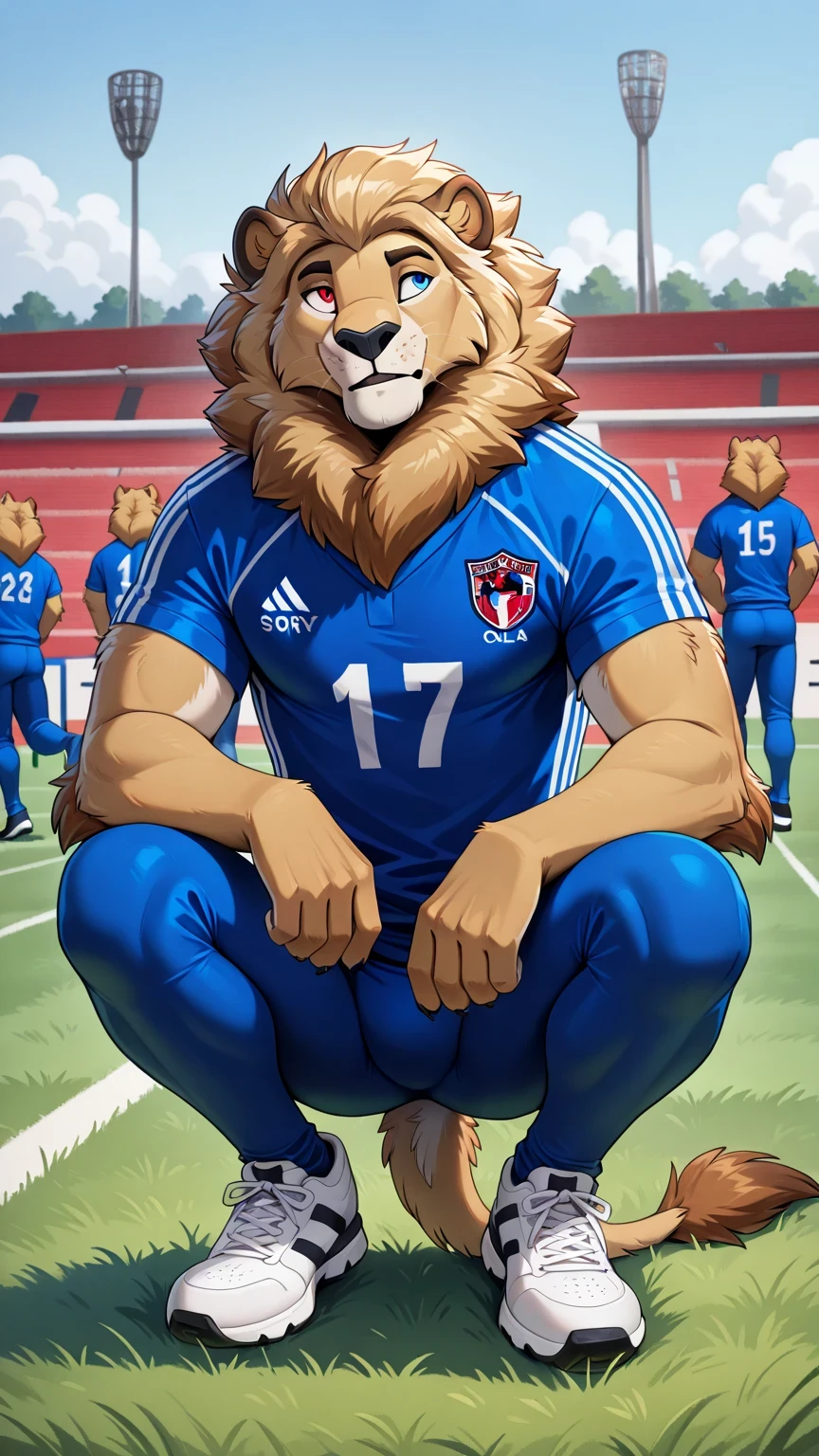Wolf with red eyes, blue eye, Reflections,  full body, Anthropomorphic, Adult lion , without humans,   swimsuit ango76  ,    masterpiece, better quality,very aesthetic, newest,  anthropoid, mammal, 1, Clothes, Alone,  Sorry  ,  Sorry   Macho, sexist approach , blue eyes, posture bípeda DELANTE, male lion, hairy male , crouching,  posture, crouching claws,  lion's ears, High Resolution, blue soccer jersey,  white lycra tights american football, white sneakers, lion's cola , vista frontal, Alone