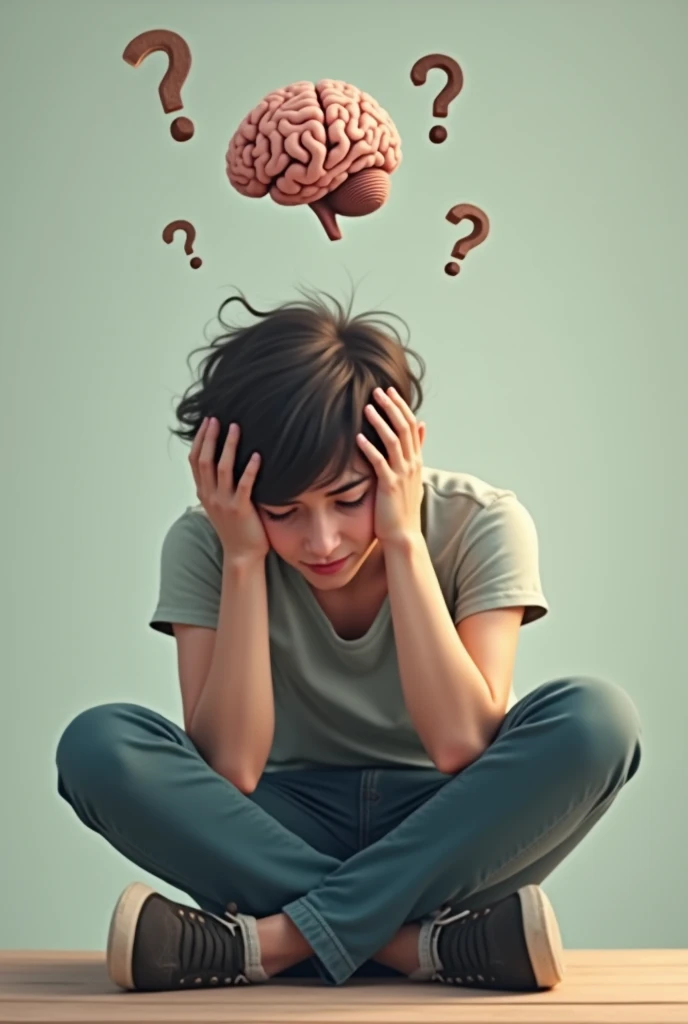 An individual, perhaps a young adult or teenager, surrounded by multiple thought bubbles or swirling lines filled with various concerns, like school, work, or social situations. The person appears overwhelmed, with a furrowed brow, holding their head in their hands or staring anxiously into the distance. The background is simple and muted, with soft colors, allowing the focus to remain on the intense, chaotic representation of their worries.