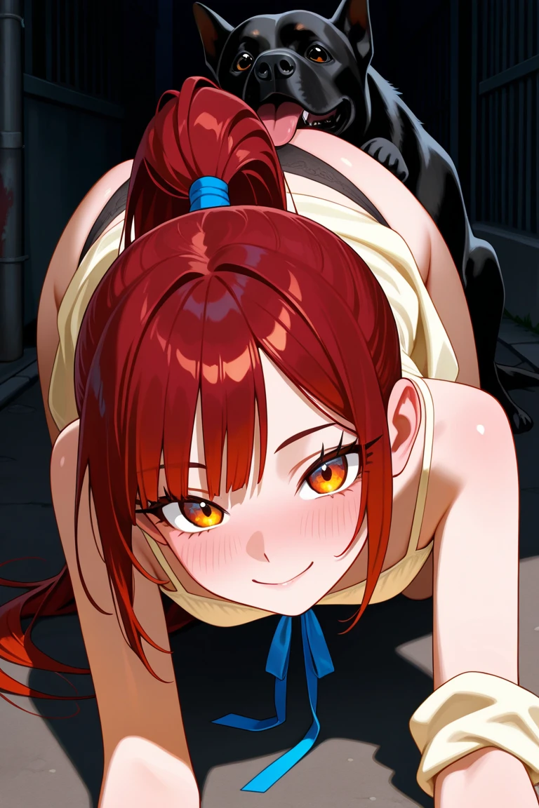 score_9, score_8_up, score_7_up, source_アニメ, sakimiya iruka, red hair, green eyes, one side up, medium hair, green scrunchie, hair ornament, shiny skin, rating_explicit, big breasts, large ass, playboy bunny, fishnet legwear, (cry:1.2),(tears:1.3),(open mouth, shout),(sweat:1.2), (steam on body, heavy breathing), (trembling:1.5), drooling, bouncing breasts, unaligned breasts,(motion lines), (motion blur:1.5),(pussy juice, Squirting:1.5), (troll:1.2), (2men, vaginal penis, leg up, standing split), 2penises,(huge penis:1.5), (head grab:1.2), (cum in mouth, cum on tongue, facial, cum on hair), projectile cum, cum string, excessive cum, pole dance, on stage, from above