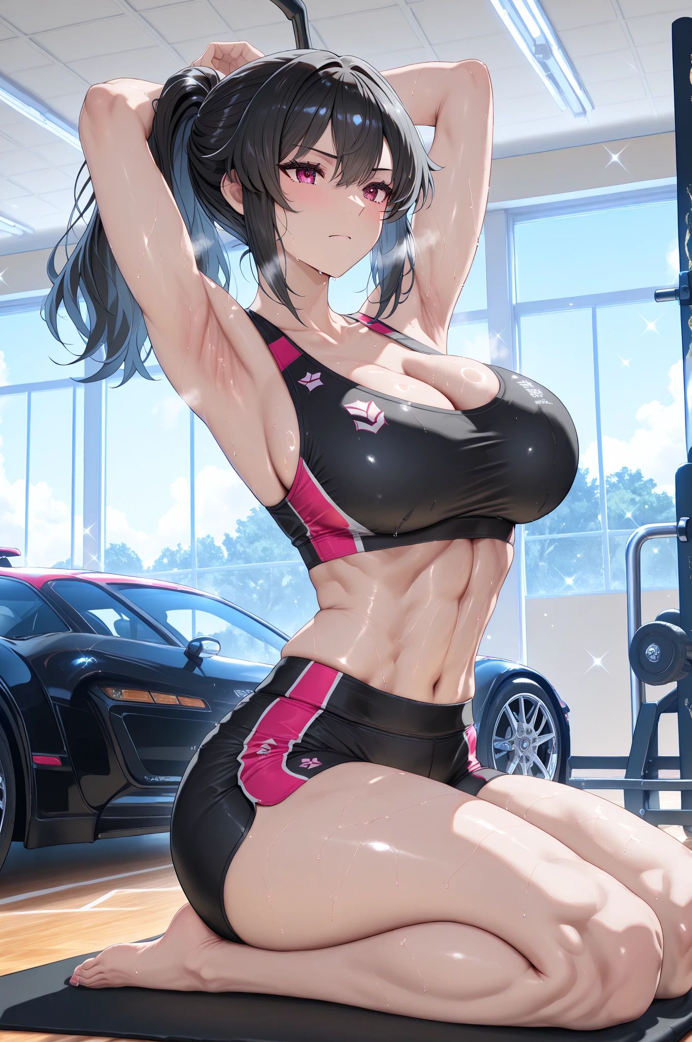 Ultra-high resolution, 8k,high quality,(((Cute tops、garter belt,Magical girl、Gym suit))),(Retrospective angle,Cunning Hand),(、glowing、iridescent light,soft shadow,Anime Painting,thin line drawing),One Little Woman,(((giga breasts,))),