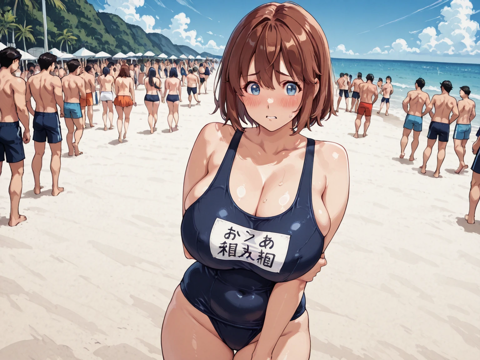 Highest quality:1.2, Anime works, Very detailed, High detail, digital coloring, High Contrast, masterpiece:1.2, Highest quality, Best aesthetics), (((Kitagawa Marine, 1 Girl))), Blonde, Straight Long Hair, Pink gradient hair, Red eyes, Earrings, Leopard print bikini、Swimwear、Grin, smile, The pose is random、sunny、crowded beach、Splash、blue sea、Go into the sea and play、Bright lighting、顔にSplashがかかる、Kicking the Sea、Large Breasts、Close your right eye、Full body shot