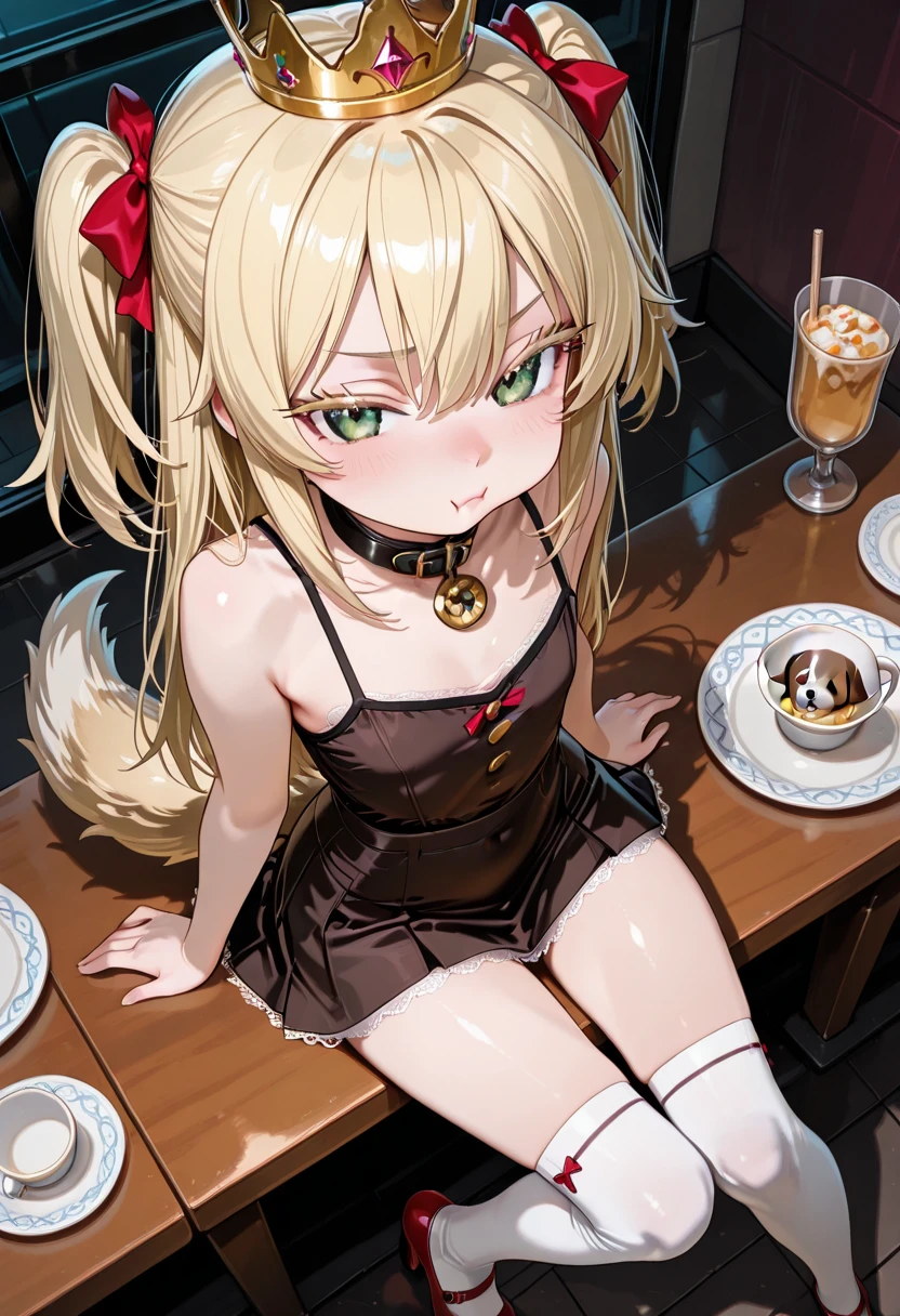 NSFW,Fiami、1 girl、Long Hair、solo、hair ornaments、Two Side Up、Blonde Hair、Red eyes、hair ornaments,Mini dress,Off the shoulder,Embarrassed,blush,(Perfect hands),(Perfect Anatomy),(masterpiece),(highest quality),Coffee shop,table