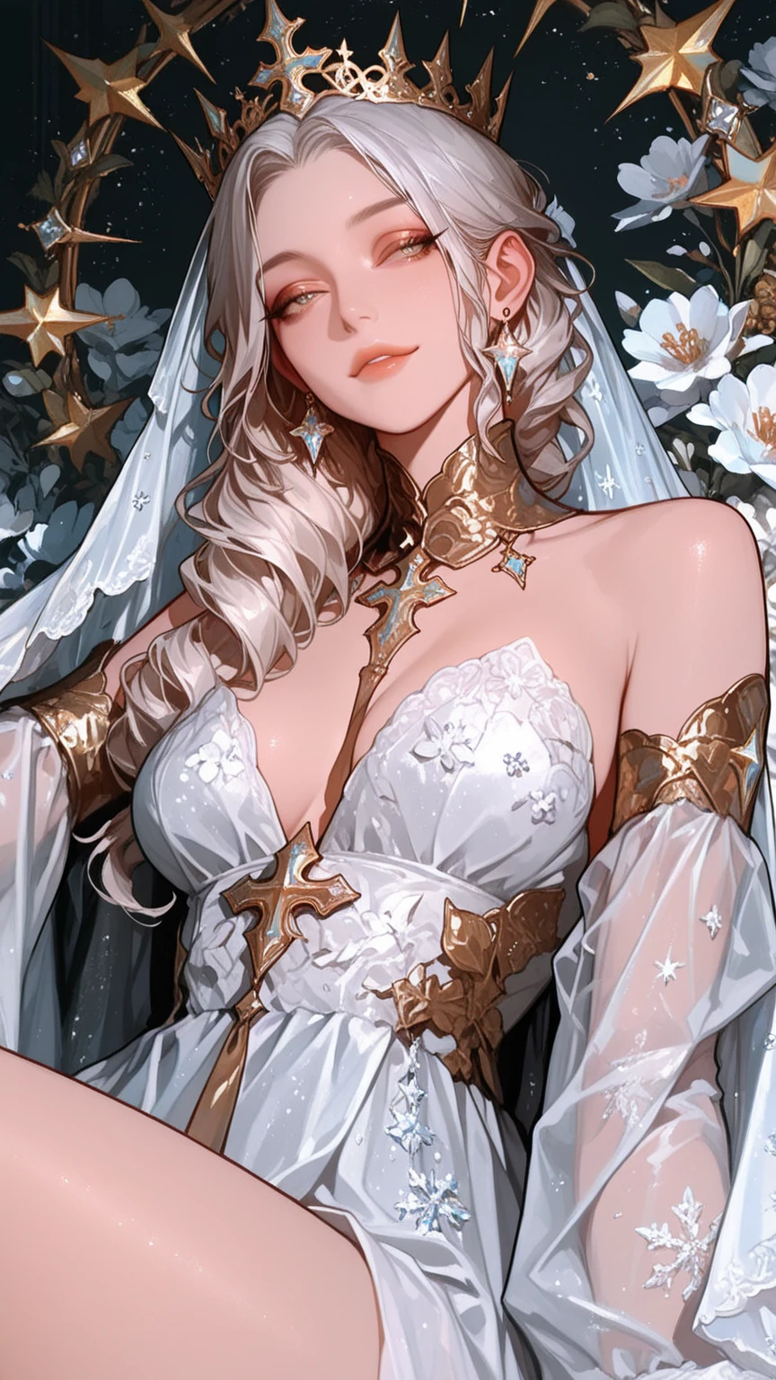 High quality, Ultra detailed, best quality, insanely detailed, beautiful, masterpiece、(Beautiful blonde wavy hair、Sheer white veil)、(Mature Woman、Embarrassing、Bitch、Prostitute、Slut)、((Completely naked:1.5)、Huge breasts、Huge areola、Thick Puffy Nipples)、(A giant, glowing tattoo on the crotch、Camel toe and wide hips、Thick thighs、curve)、(NSFW:1.5)、(Outer space background、Many shining stars)、(Giant moon, stars and sun:1.5)、Shooting from below