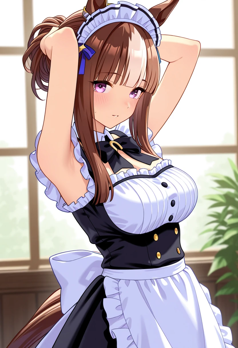 score_9, score_8_up, score_7_up, rating_explicit, 1girl, solo, honoka mitsui, mahouka koukou no rettousei, mitsui honoka, purple eyes, brown hair, medium hair, twintails, low twintails, large breasts, maid, maid headdress, detached collar, bikini, maid bikini, skindentation, frills, apron, frilled apron, maid apron, waist apron, detached sleeves, collarbone, navel, skirt, miniskirt, thighhighs, skindentation, cleavage, cowboy shot, leaning forward, v arms, looking at viewer, indoors, cafe, window, blush, smile, closed mouth, 