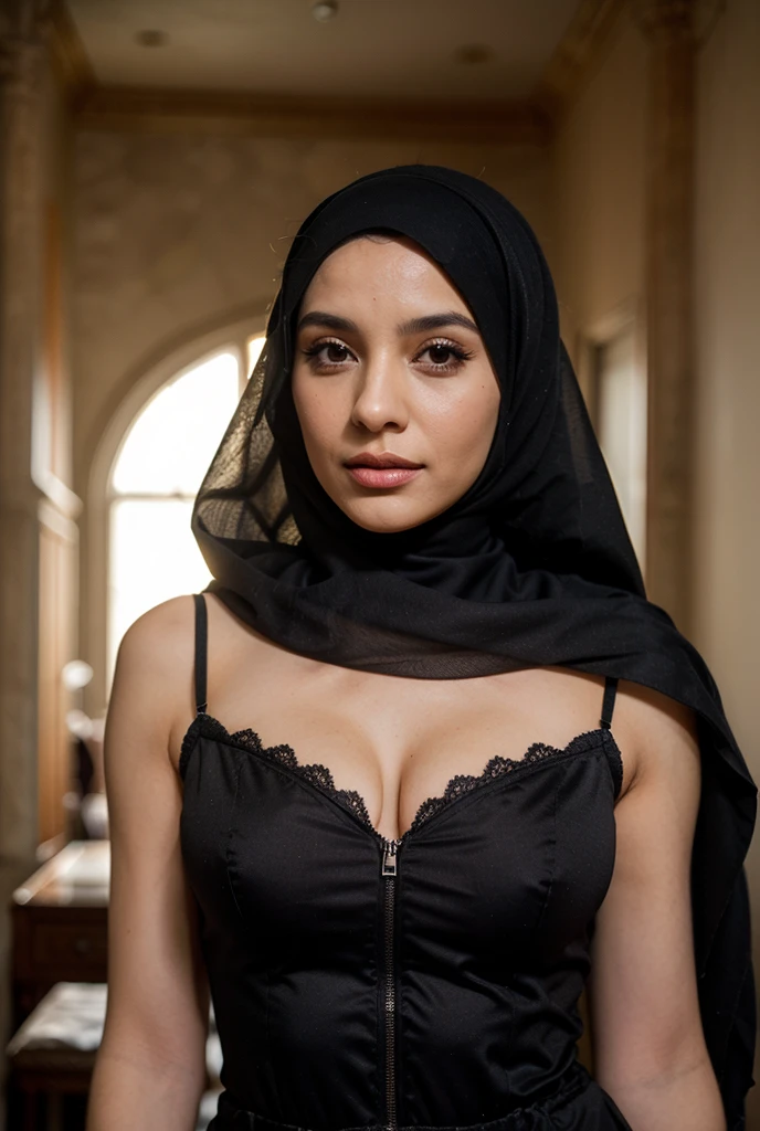 RAW, Best quality, high resolution, masterpiece: 1.3), beautiful dutch  queen in hijab showing cleavage in sexy polka dress,Masterpiece, Soft smile, choker undress