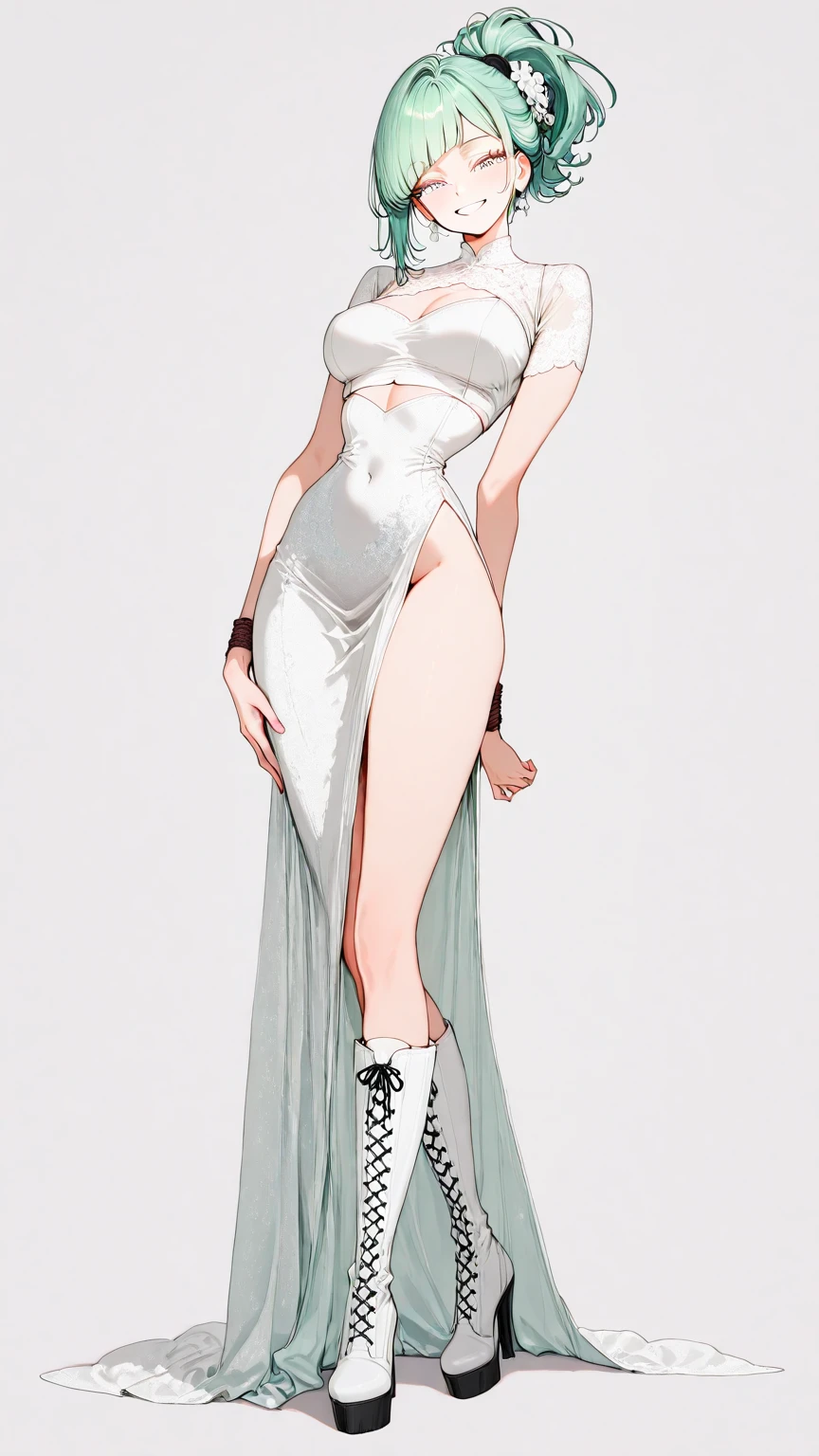 (masterpiece, Highest quality:1.2), One Girl, alone, whole body, Big Breasts,, Brown Hair,Big Breasts, Brown eyes, Mature Woman, blush, whole body, Brown Hair,Hair Bun,lipstick, (Elegant white deep V-neck evening dress,Big slit),Short length, ((Wearing red high heels)),
