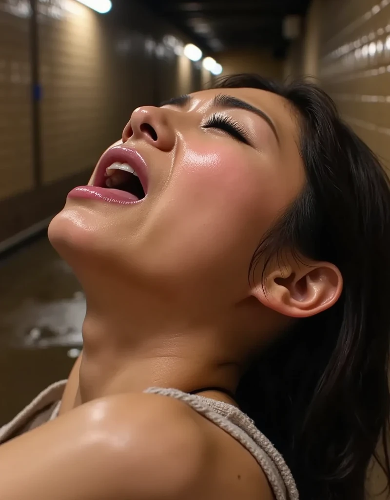 ((Completely naked:1.4)), ((Cowboy Shot:1.3)), One girl,Pieces fly,Award-winning photo, Very detailed, Edge Orgasm,Face Focus, (Woman with open mouth and closed eyes ), 30 years old、Black Hair、Shiny skin、Face close-up,From below、Realistic nostrils、Long and narrow nasal cavity,Bathroom、(Bathroom)、congestion、Are standing、Big Breasts、(Sharp Nose)Grimacing Performance:1.4, concept,teeth,Performance,facial Performances,Grimacing,Lift your head、((Skin shiny with sweat,Sweaty skin)),Grimacing Performance