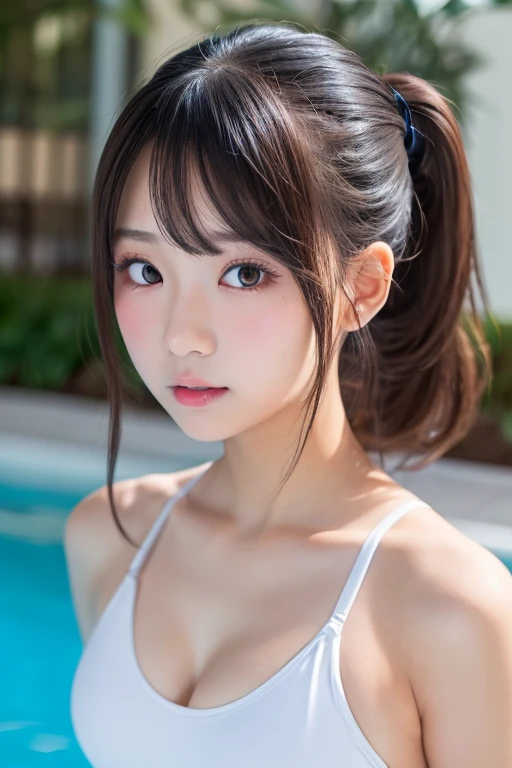 (8k、Highest quality、masterpiece:1.2)、(Realistic、Photorealistic:1.37)、Ultra-detailed、1 girl、cute、solo、Twin tails、(Nose redness)、(Laughter:1.15)、(Huge boobs)、Beautiful Eyes、(length:1.2)、Floating Hair, Naked upper body only、Looking into the camera、Pool、topless、profile