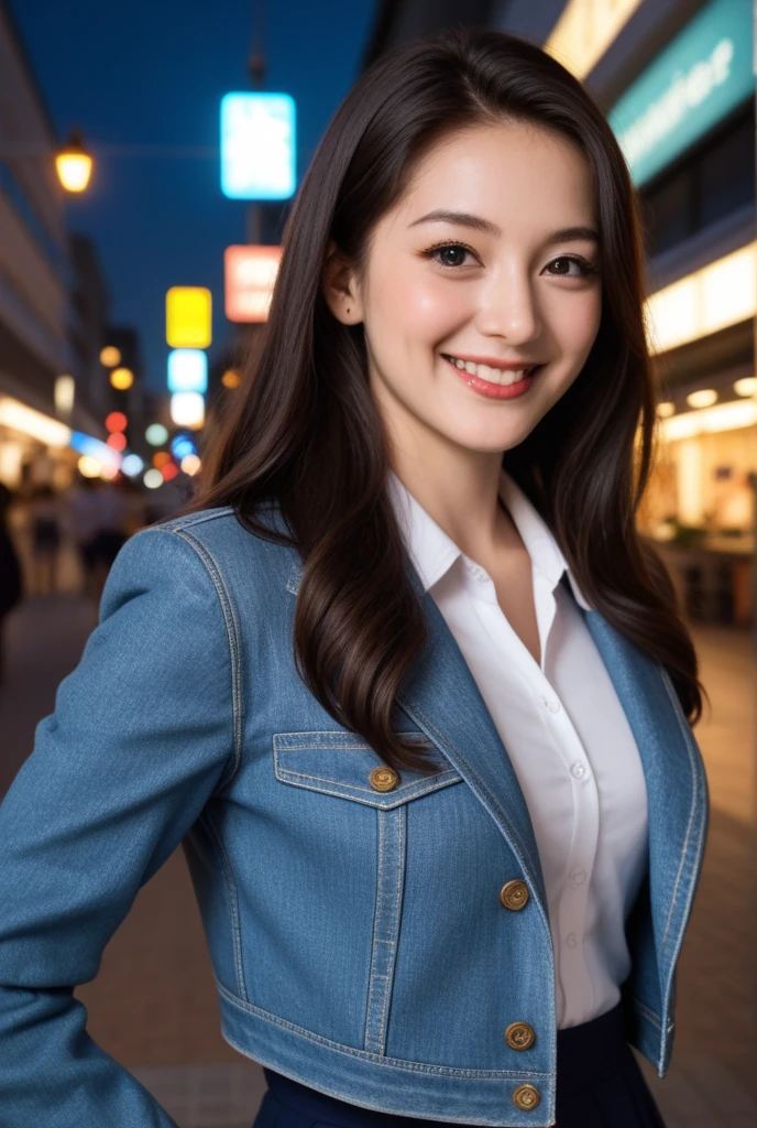 Create an image of a 25 year old Indonesian woman, pure white, wearing a navy blue jeans jacket, view of Singapore's Marina Bay, night