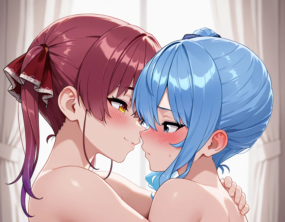 (masterpiece),(highest quality:1.1),(super detailed),best illustrations, (1 girl:1.3)、(Two women kissing)、(stick your tongue out)、(touch each other's tongues),Looking at each other、Thretta Mail、tall、((nude、beautiful breasts、beautiful areola))、((redhead、Ahoge、blue eyes))、Mioline Remblanc, Asticasia , alone, long hair, gray eyes, gray hair, Ahoge, bangs, hair between eyes、(lily、lesbian、sleeping and cuddling)、(((I'm kissing)))、Bedroom、Bed