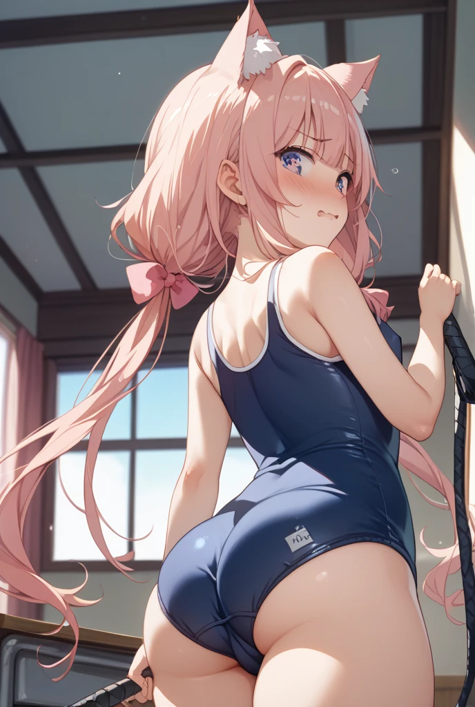 beige full body tights、Best Quality、Petite little girl、Pink ponytail、Henyo Henyo smile、red blush、from behind、Sheer are visible、a choker、thick thight、armpit