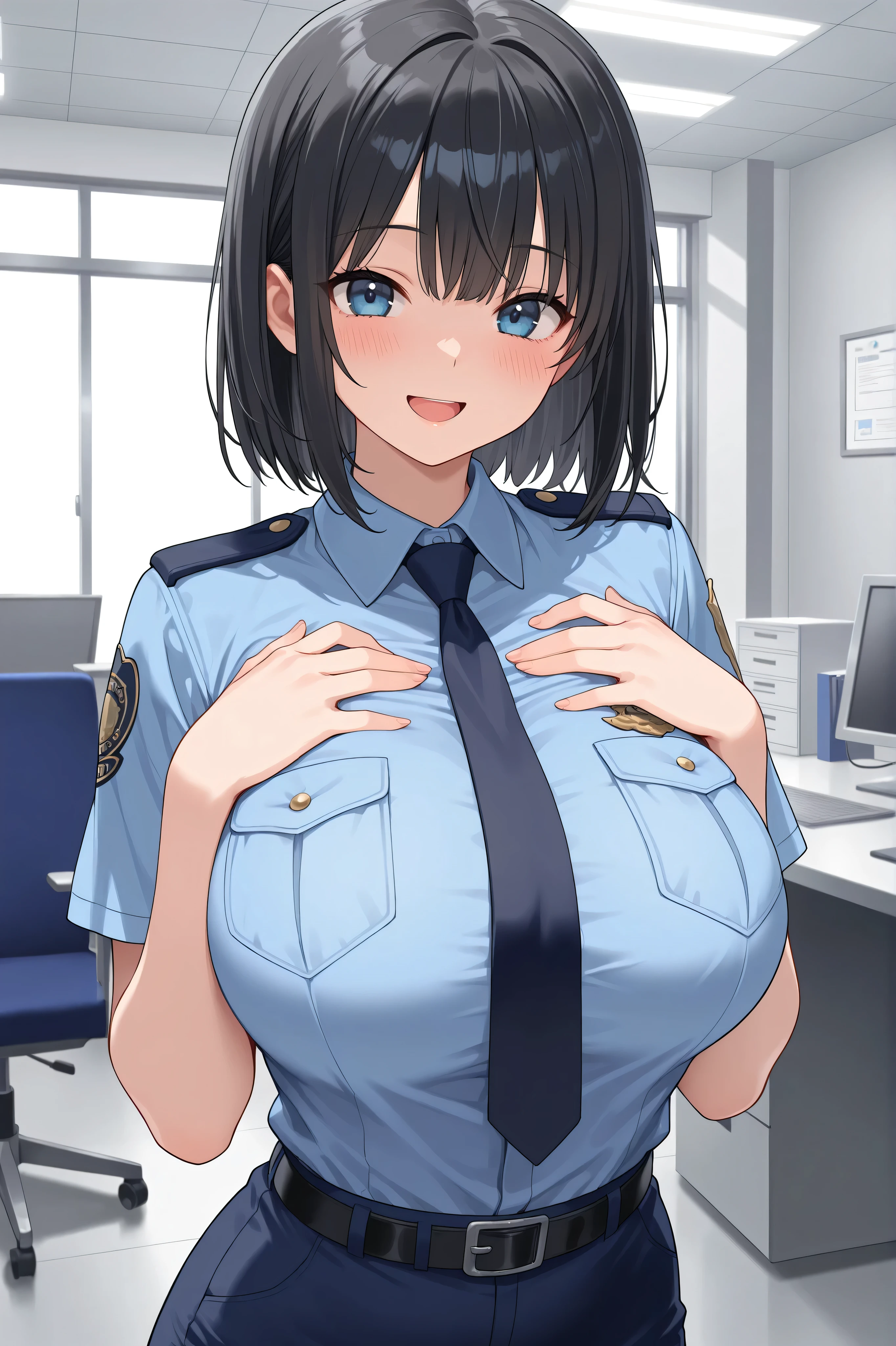  nari  , blue eyes, black hair, short hair, big breasts,big hoop earrings ,hair ponytail , lipstick , police uniform , smiling , cleavage 