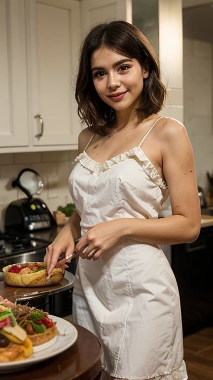 Masterpiece, (cinematic lighting:1.1), [portrait], photo (full body) (American flat), attractive 45-year-old, Medium layered bob hairstyle, dark brown hair, (beautiful face: 1.1), (medium breasts: 1.0), (firm body: 1.2), (short hair: 1.2), , [gothic makeup], pouting seductively, high frequency details, dramatic, photographed on a Canon EOS R5, 85mm f/1.2 cine lens, sharp focus, (highly detailed, intricately detailed), (Cinestill 800T:0.9), she is preparing a tiramisu in the kitchen