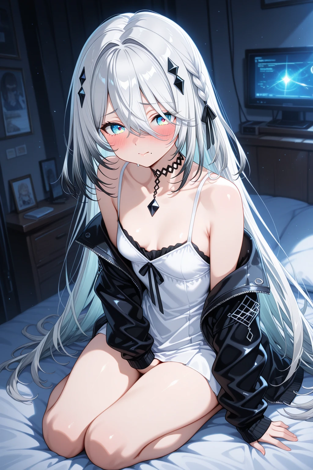 (Masterpiece, best quality: 1.2), 1girl, solo, (kawaii, loli: 1.4), magic array, long white hair, ahoge, delicate eyes, pale skin, sweat, black color scheme, black hair accessories, best quality, vaguely visible breasts, waist exposed, skirt half off, hair covering private parts, white liquid on the face, white liquid on the body, white liquid on the thighs, white liquid on the hair, white liquid in the skirt, blushing, lying on the bed