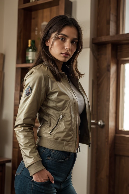 stunning natural retro-futuristic color raw portrait, (sfw) [nuer 1girl:<lora:KMC:0.8> KandyseMcClureTI  a girl:0.0], dark skin, detailed skin, realistic skin, as a solemn girl next door, wearing retro-futuristic military uniform with jacket, shirt, trousers, long military coat, heroic, bold and resolute, looking at the viewer, (from below:0.6), indoors in front of a plain wall, mug-shot-photograph-style, harsh lighting, artificial lighting, (night:1.2), dynamic pose, retro-futuristic scene with motorized decorations, color raw photo, epic character composition, sharp focus, subsurface scattering, f2, 35mm, film grain