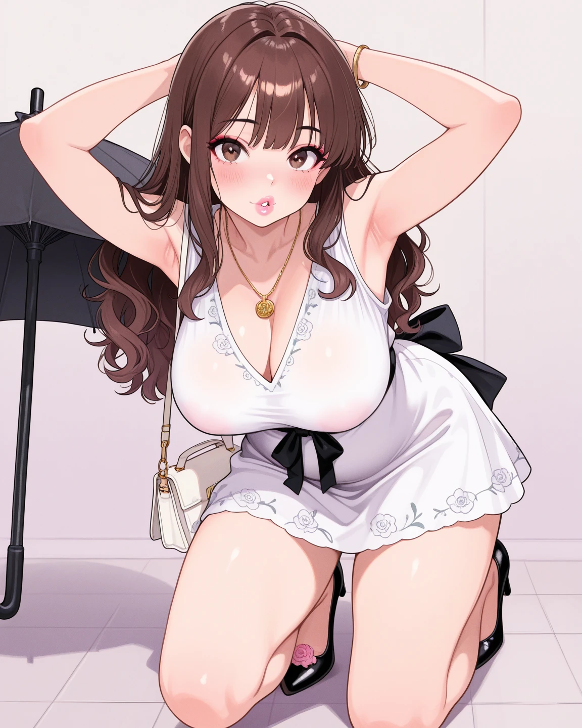 NSFW,Highest quality, Official Art, masterpiece, Fabric Shading, High resolution, Very detailed, colorful, Best details, (Adult,19 years old, One Girl, transformation:1.5, Bitch, Long Hair, Brown Hair, White T-shirt、Long Skirt、Exposed in the city, skirt lift, Showing off her high leg panties and stockings,