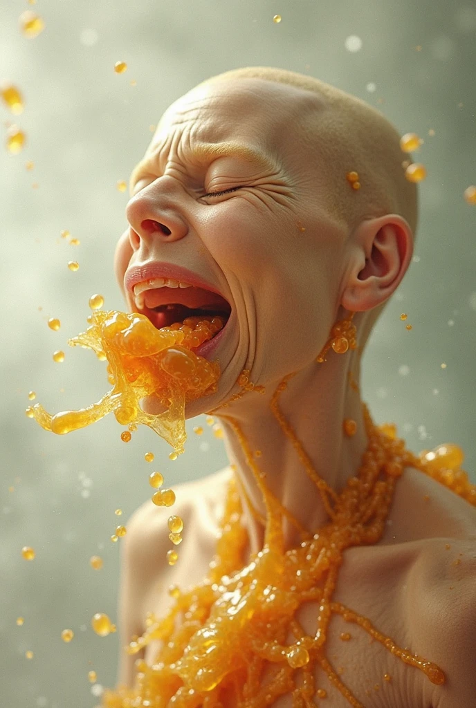 art by Jon Dyer Baizley, woman dripping egg yolks, eyes dripping honey.  skin texture, highly detailed eyes, hyperrealism, highly detailed skin, intricate details, best quality, 8k, (art by alphonse mucha),