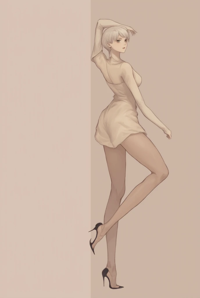 Skinny thin narrow body. Unrealistically very long stick-thin legs in tights. in heels. naked. cute face.
